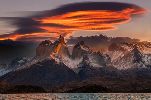 Lenticular clouds at dawn in Torres del Paine, Chile