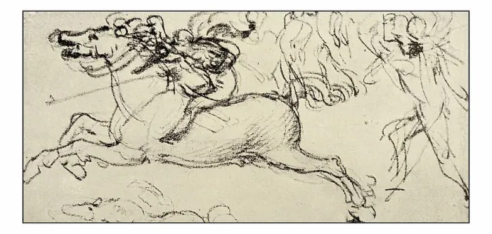Framed Print : Leonardo's sketches and drawings: man on horse in battle Framed Print : Leonardo's sketches and drawings: man on horse in battle