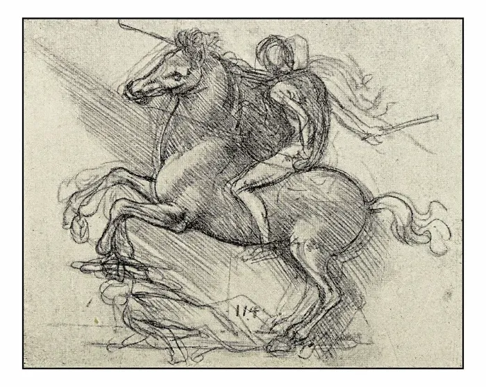 Framed Print : Leonardo's sketches and drawings: man on horse (Sforza)