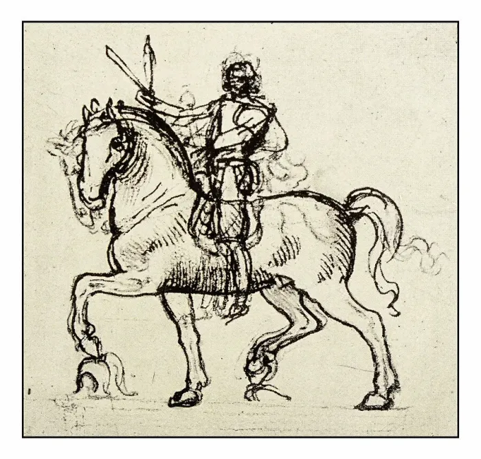 Framed Print : Leonardo's sketches and drawings: man on horse (Sforza) Framed Print : Leonardo's sketches and drawings: man on horse (Sforza)
