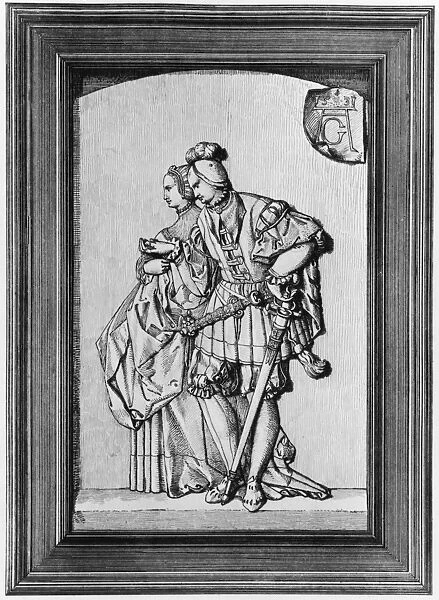 Les Noces. A wedding portrait of a bride and groom, engraved by Heinrich Aldegrever