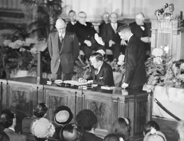 Framed Print : Lester Pearson Signing a Treaty Framed Print : Lester Pearson Signing a Treaty