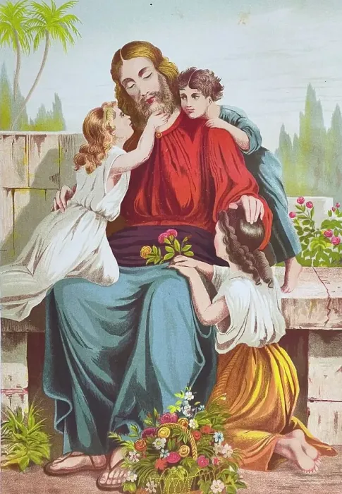 Framed Print : Let the little children come to me, Jesus embracing girls who brought him flowers Framed Print : Let the little children come to me, Jesus embracing girls who brought him flowers