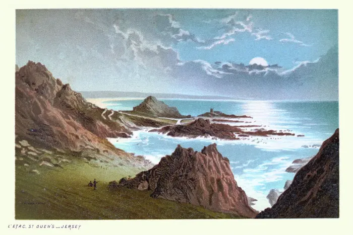 Framed Print : L'Etac, St Ouen's, Jersey, Channel Islands, Moonlit night, Rocky coastline, Victorian landscape art 19th Century Chromolithograph Framed Print : L'Etac, St Ouen's, Jersey, Channel Islands, Moonlit night, Rocky coastline, Victorian landscape art 19th Century Chromolithograph