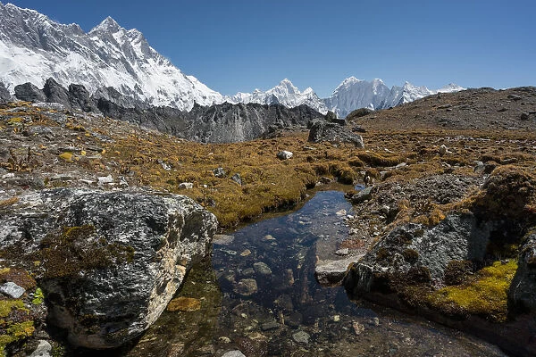 Lhotse and Makalu mountain peak view from Kongma la pass, Everest region