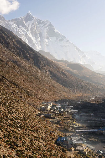 Lhotse mountain peak and Dingboche village, Everest region