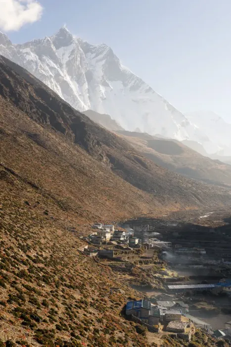 Framed Print : Lhotse mountain peak and Dingboche village, Everest region Framed Print : Lhotse mountain peak and Dingboche village, Everest region