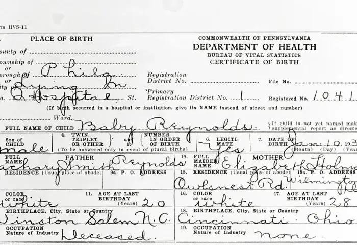 Framed Print : Libby Holman Reynolds Birth Certificate Framed Print : Libby Holman Reynolds Birth Certificate