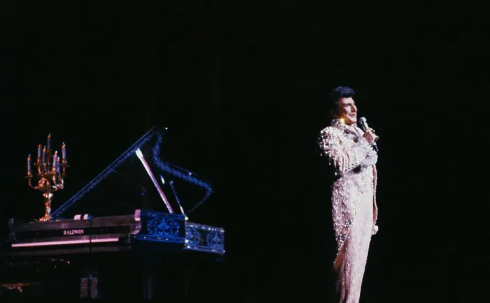 Framed Print : Liberace Performing with Microphone Framed Print : Liberace Performing with Microphone