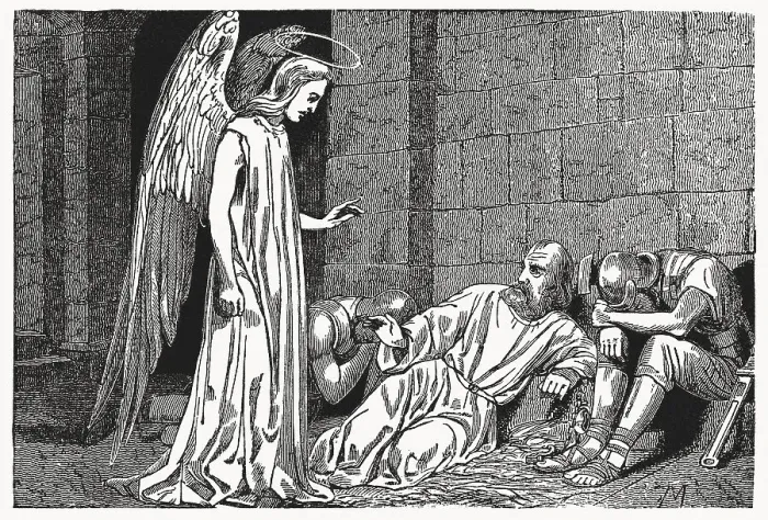 Framed Print : Liberation of Peter (Acts 12), wood engraving, published in 1837 Framed Print : Liberation of Peter (Acts 12), wood engraving, published in 1837