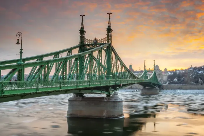 Framed Print : The Liberty bridge in Budapest in the winter sunset