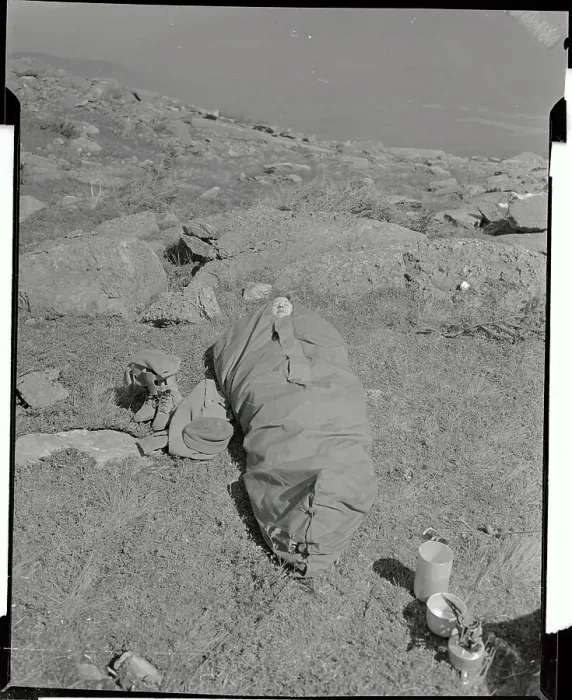 Framed Print : Lieutenant Lying in Closed Sleeping Bag on Ground