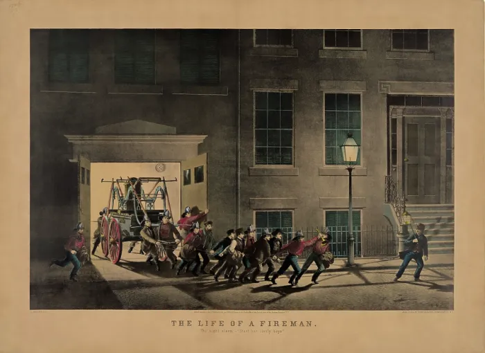 Framed Print : The life of a fireman: the night alarm--'start her lively boys