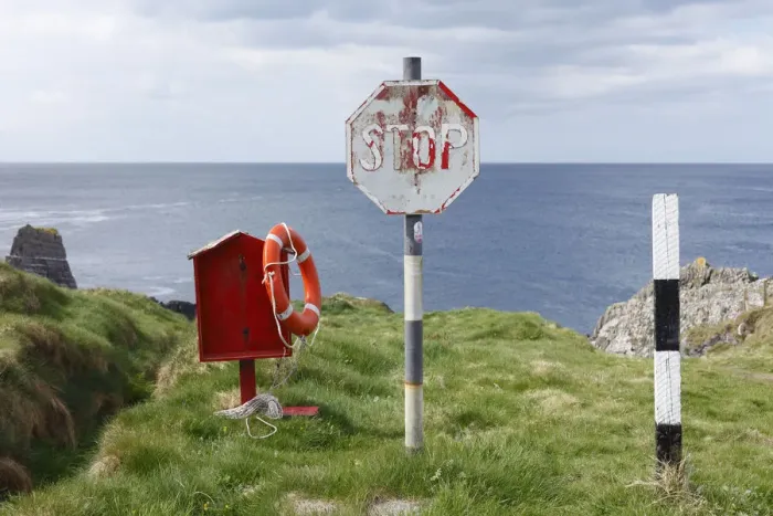 Framed Print : Life ring and stop sign, Three Castle Head, Mizen Head Peninsula, West Cork, Republic of Ireland, British Isles, Europe Framed Print : Life ring and stop sign, Three Castle Head, Mizen Head Peninsula, West Cork, Republic of Ireland, British Isles, Europe