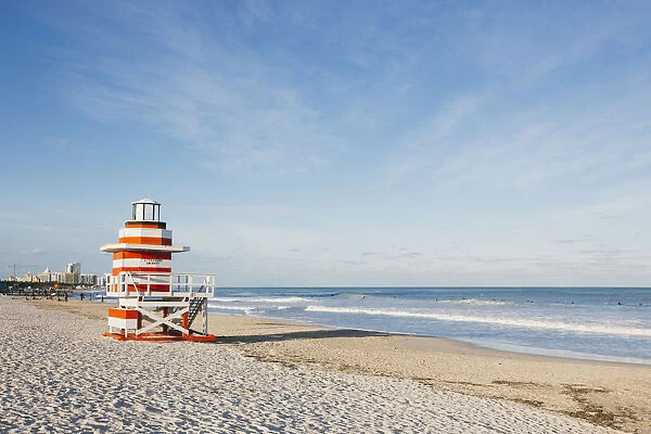 Lifeguard hut stylized as lighthouse in South Beach, Miami, Florida, USA