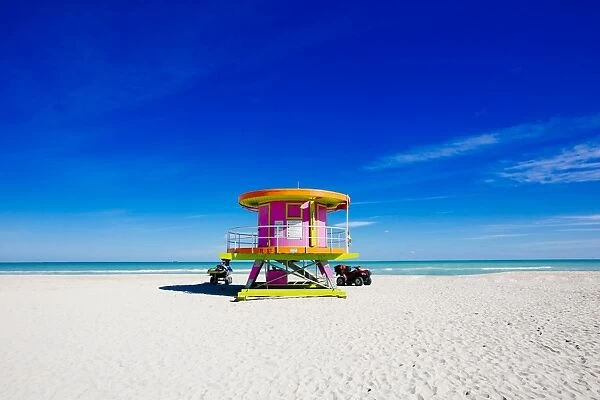 Lifeguard tower on a sunny day in South Beach, Miami, Florida, USA