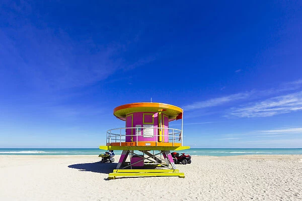 Lifeguard tower on a sunny day at empty South Beach, Miami, Florida, USA