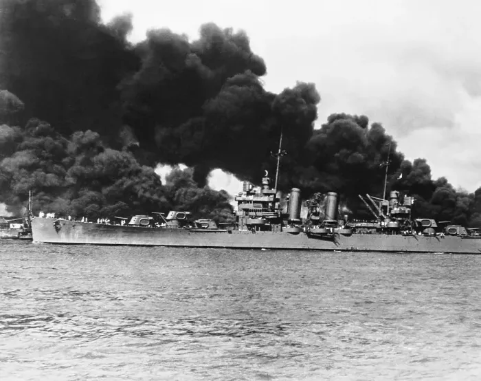 Framed Print : Light Cruiser Passing Burning USS Arizona