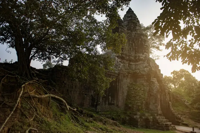 Framed Print : last light at main gate of angkor thom and Ruin wall and root