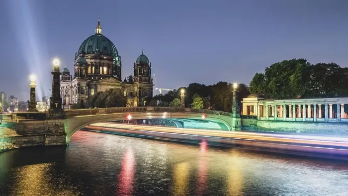 Framed Print : Light trails on River Spree, Berlin Cathedral, dusk, Berlin, Germany