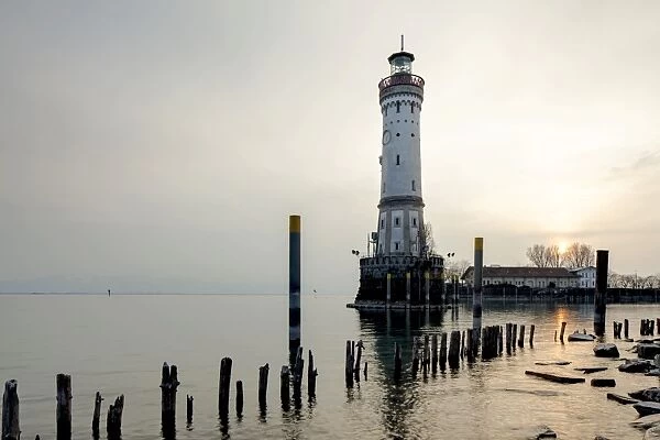 Lighthouse in evening light, Lindau on Lake Constance, Bavaria, Germany