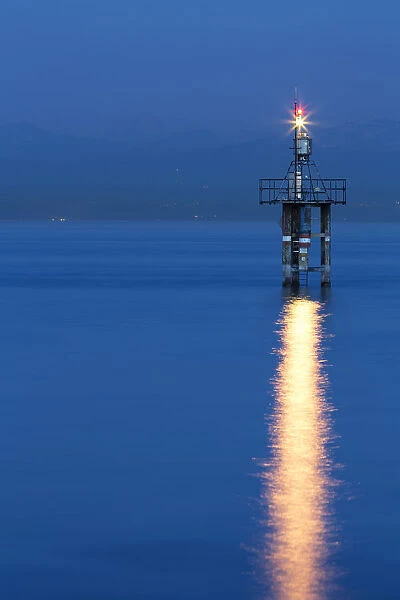 Lighthouse at Hoernle during the blue hour with a stormy atmosphere, Hoernle, Konstanz, Lake Constance, Baden-Wuerttemberg, Germany, Europe