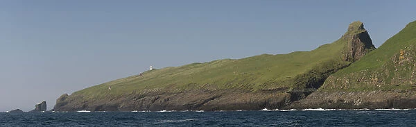 Lighthouse and so-called Atlantic Bridge between Mykinesholmur or Mykinesholm and Mykines, Utoyggjar, Faroe Islands, Denmark