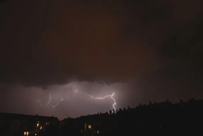 Framed Print : Lightning over a residential area in Leipzig, Saxony, Germany, Europe Framed Print : Lightning over a residential area in Leipzig, Saxony, Germany, Europe