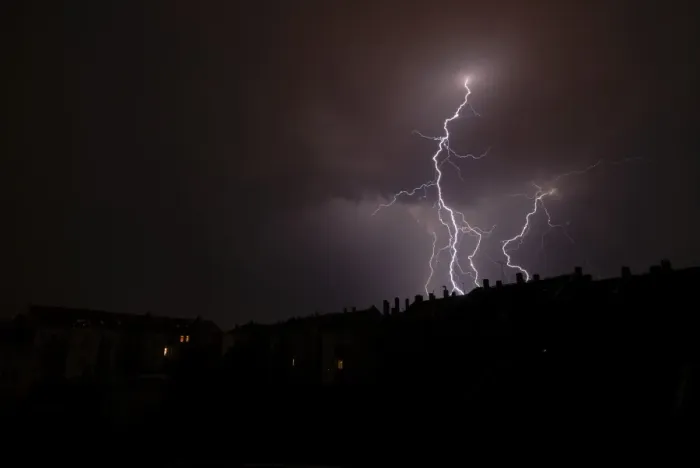 Framed Print : Lightning over a residential area in Leipzig, Saxony, Germany, Europe Framed Print : Lightning over a residential area in Leipzig, Saxony, Germany, Europe