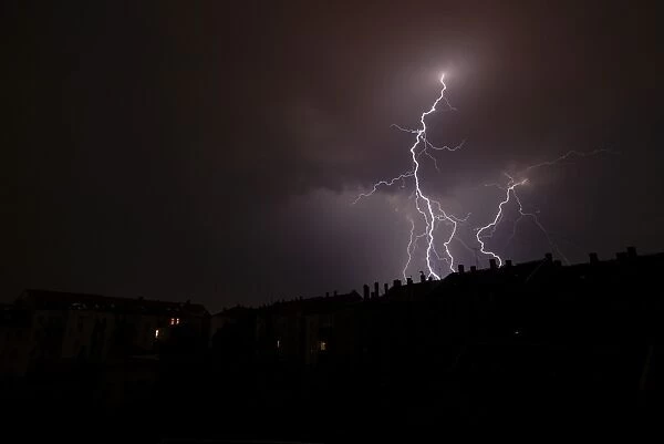 Lightning over a residential area in Leipzig, Saxony, Germany, Europe