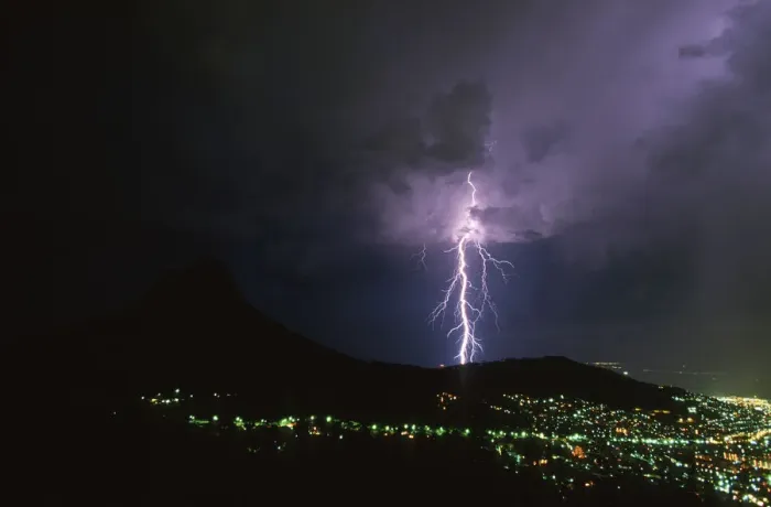 Framed Print : Lightning Over Signal Hill with City Lights at Night