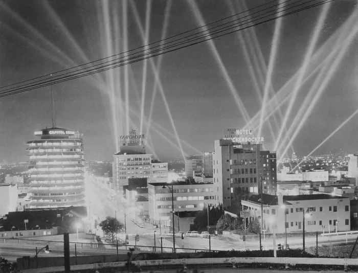 Framed Print : Lights Beaming in Sky for Film Opening Framed Print : Lights Beaming in Sky for Film Opening