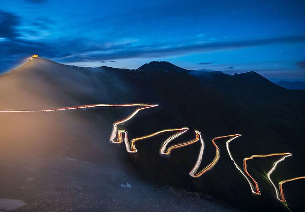 Lights of car trails, Stelvio Pass