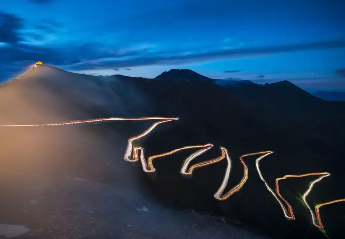 Framed Print : Lights of car trails, Stelvio Pass