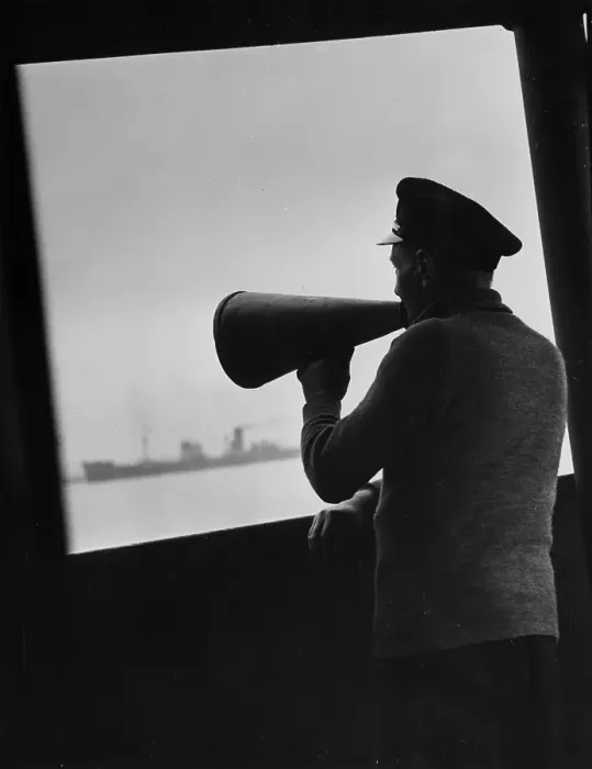 Framed Print : Lightship. May 1941: A sailor on a lightship uses a megaphone to broadcast Framed Print : Lightship. May 1941: A sailor on a lightship uses a megaphone to broadcast