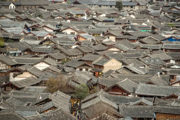 Framed Print : Lijiang Old Town bird eye top top view with local historical architectures roof building