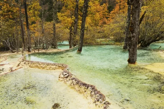 Framed Print : Lime terraces with lake in autumnal environment, Huanglong National Park, Sichuan Province, China
