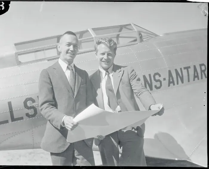 Framed Print : Lincoln Ellsworth and Bernt Balchen with Map at Airplane Framed Print : Lincoln Ellsworth and Bernt Balchen with Map at Airplane