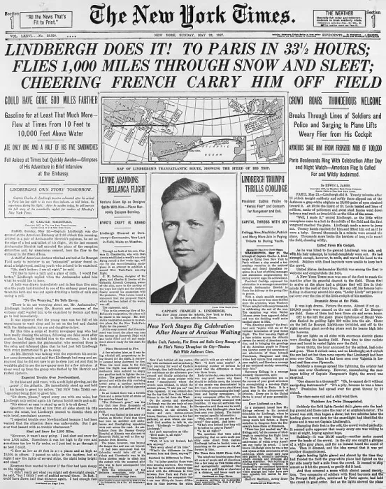 Framed Print : Lindbergh's Successful Flight on Newspaper Cover Framed Print : Lindbergh's Successful Flight on Newspaper Cover