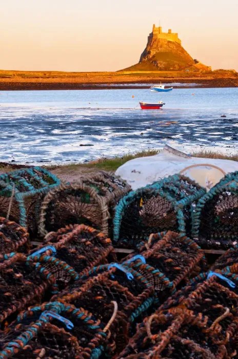 Framed Print : Lindisfarne Castle with Crab traps. Northumberland. UK. Europe