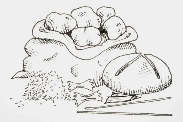 Framed Print : Line drawing of foods that provide carbohydrates, including potatoes, bread, and pasta Framed Print : Line drawing of foods that provide carbohydrates, including potatoes, bread, and pasta