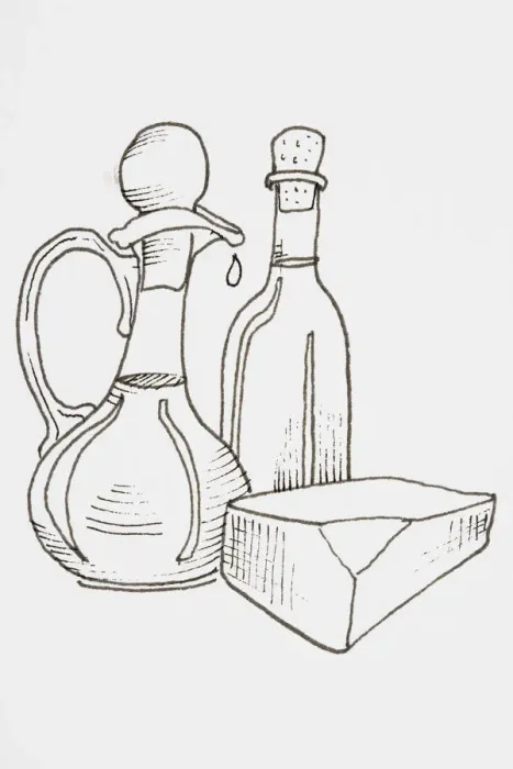 Framed Print : Line drawing of foods that provide fats and oils, including block of cheese Framed Print : Line drawing of foods that provide fats and oils, including block of cheese