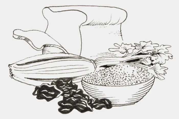 Framed Print : Line drawing of foods that provide fiber including bread, corn, cereal Framed Print : Line drawing of foods that provide fiber including bread, corn, cereal