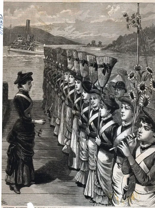 Framed Print : Line Of Women Holding Brooms On Dock Framed Print : Line Of Women Holding Brooms On Dock