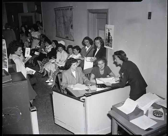 Framed Print : Line Of Women Seated To Sign Up For Wac Framed Print : Line Of Women Seated To Sign Up For Wac
