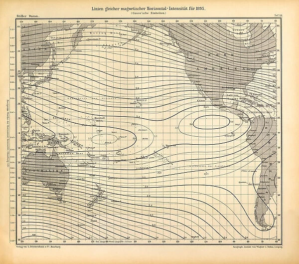 Lines of Equal Magnetic Horizontal Intensity in 1895 Chart, Pacific Ocean, German Antique Victorian Engraving, 1896
