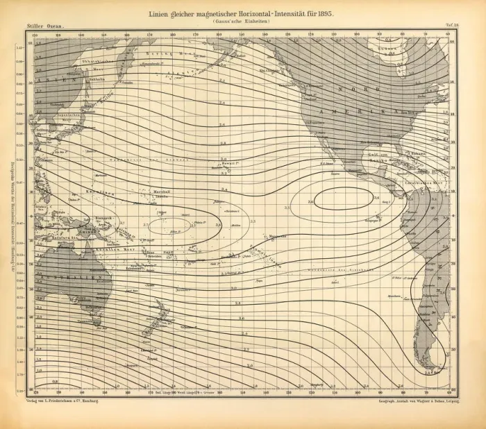 Framed Print : Lines of Equal Magnetic Horizontal Intensity in 1895 Chart, Pacific Ocean, German Antique Victorian Engraving, 1896 Framed Print : Lines of Equal Magnetic Horizontal Intensity in 1895 Chart, Pacific Ocean, German Antique Victorian Engraving, 1896