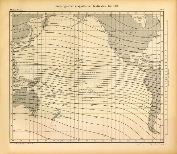 Framed Print : Lines of Equal Magnetic Inclination in 1895 Chart, Pacific Ocean, German Antique Victorian Engraving, 1896 Framed Print : Lines of Equal Magnetic Inclination in 1895 Chart, Pacific Ocean, German Antique Victorian Engraving, 1896