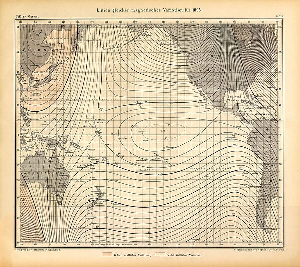 Lines of Equal Magnetic Variation in 1895 Chart, Pacific Ocean, German Antique Victorian Engraving, 1896