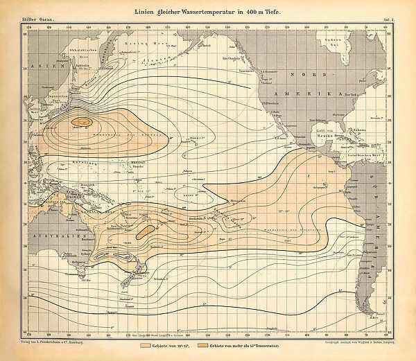 Lines of equal water temperature in 400 meters depth Chart, Pacific Ocean, German Antique Victorian Engraving, 1896